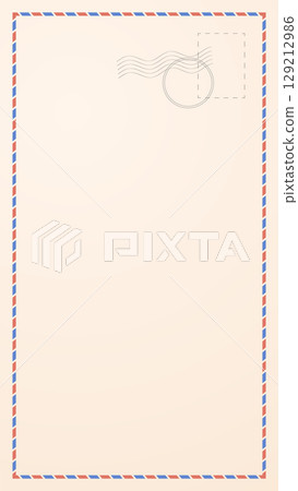 Vertical travel postal card. Portrait retro postcard template with stamp graphics  and airmail border 129212986