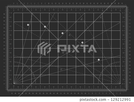Vector Cutting Board Background. Technical grid surface with imperial and metric ruler markings for precision work, drafting, and layout design. 129212991