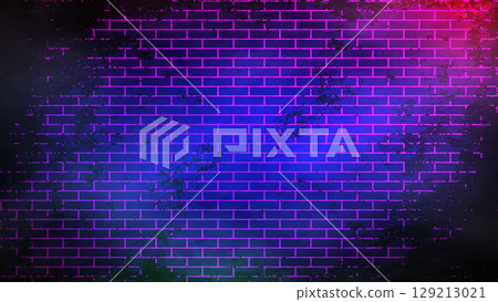 Mystical Neon Glowing Grunge Brick Wall Background. Mystical Neon Glowing Grunge Brick Wall Background. 129213021