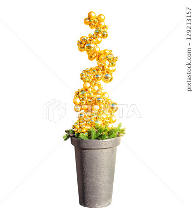 Christmas tree made entirely of golden baubles in pot isolated on white background. Xmas decoration of shiny gold balls in vase cutout Christmas tree made entirely of golden baubles in pot isolated on white background. Xmas decoration of shiny gold balls in vase cutout 129213157