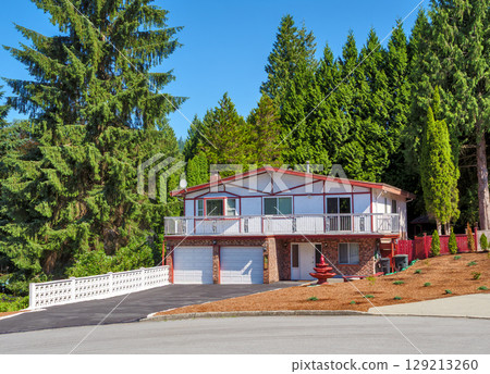 Family residential house with double garage and tall trees on the back yard 129213260