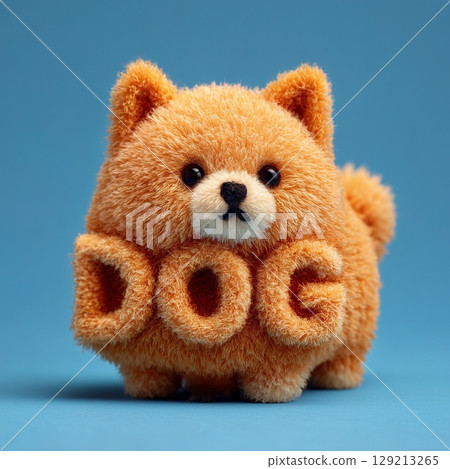 Adorable Fluffy Toy Dog with DOG Shaped Fur Sign on Blue Background. Adorable Fluffy Toy Dog with DOG Shaped Fur Sign on Blue Background. 129213265