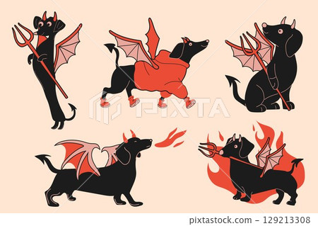 Funny Winged Dachshunds Breathing Fire in Red Outfits 129213308