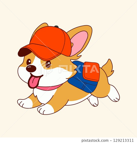 Cute Corgi Puppy Running with Cap and Backpack 129213311