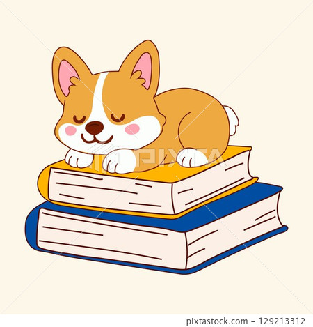 Cute Corgi Puppy Sleeping on Books Cartoon 129213312