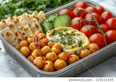 Plant based lunch box with hummus, roasted chickpeas, fresh veggie sticks and whole wheat pita bread on. 129213384