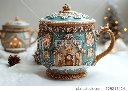Serving ware. Gingerbread house shaped ceramic cup with lid on a white background. Christmas atmosphere. Serving ware. Gingerbread house shaped ceramic cup with lid on a white background. Christmas atmosphere. 129213424