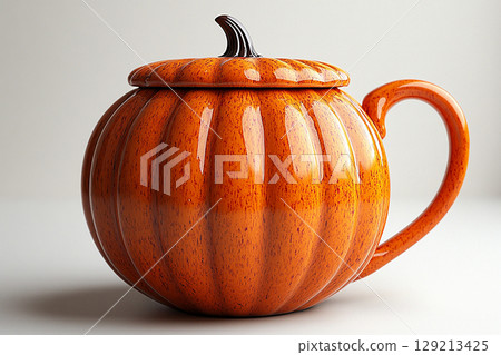Ceramic cup with lid in shape of a orange pumpkin in a rustic style on a white background. 129213425