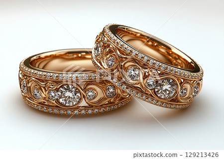 Luxury pair of Wedding Rings on a white background. Rococo Renaissance style. 129213426