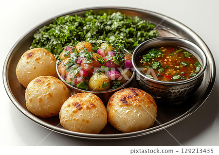 Indian Tiffin lunch box. Traditional Indian stainless steel plate with panipuri and tamarind broth nearby. 129213435