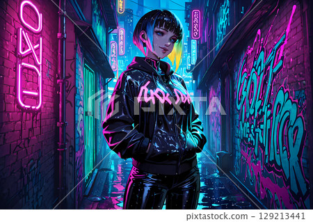 一個女孩在雨中的賽博龐克小鎮上無所畏懼地笑著 129213441