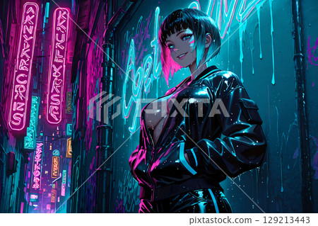 一個女孩在雨中的賽博龐克小鎮上無所畏懼地笑著 一個女孩在雨中的賽博龐克小鎮上無所畏懼地笑著 129213443