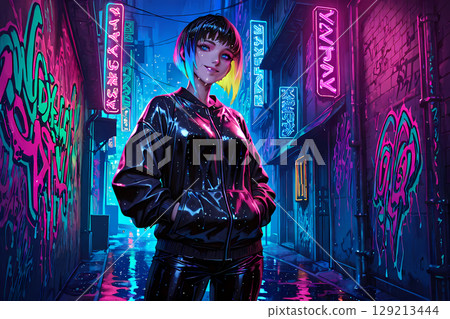 一個女孩在雨中的賽博龐克小鎮上無所畏懼地笑著 一個女孩在雨中的賽博龐克小鎮上無所畏懼地笑著 129213444