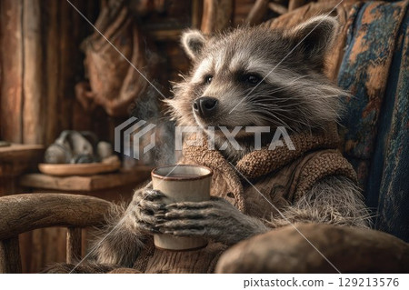 A cute raccoon in cozy clothes holds a steaming mug of coffee while relaxing in a rustic cottage. Perfect for fall, hygge style and cozy animal illustrations. A cute raccoon in cozy clothes holds a steaming mug of coffee while relaxing in a rustic cottage. Perfect for fall, hygge style and cozy animal illustrations. 129213576