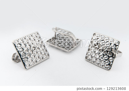 Silver jewels collection with crystals in minimalism style. Silver set of earrings and silver necklace 129213608