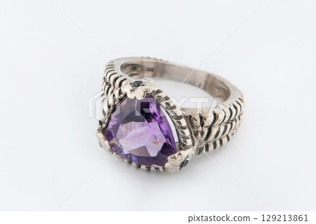Silver diamond ring isolated on white background. Silver jewelry fashion ring 129213861