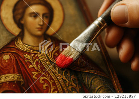Artist restoring ornate religious icon with a fine brush, focusing on golden and red details in a traditional sacred painting, AI Generative 129213957
