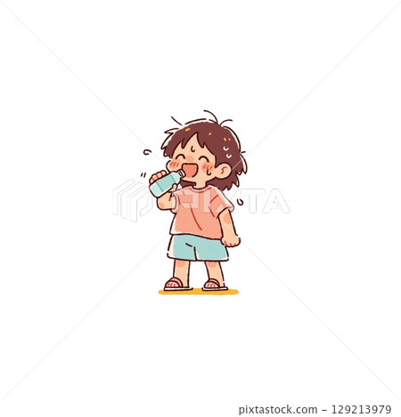 Deformed touch, illustration of a child hydrating, heatstroke prevention, summer, material, no background 129213979