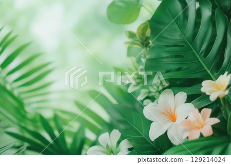 Tropical jungle with lush green foliage and vibrant flowers in a serene natural setting, AI Generative 129214024