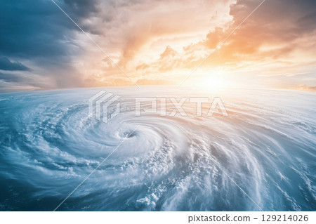 Dramatic aerial view of a powerful cyclone over the ocean at sunset with swirling clouds and intense weather phenomenon, AI Generative 129214026