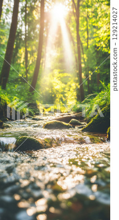 Serene forest stream with sunlight filtering through lush green trees creating a peaceful natural landscape, AI Generative Serene forest stream with sunlight filtering through lush green trees creating a peaceful natural landscape, AI Generative 129214027