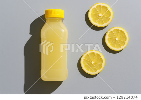 Fresh lemon juice in clear plastic bottle with yellow cap and lemon slices arranged on flat grey background in sunlight, AI Generative Fresh lemon juice in clear plastic bottle with yellow cap and lemon slices arranged on flat grey background in sunlight, AI Generative 129214074
