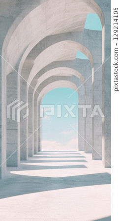 Minimalist concrete archway with shadows cast on an open walkway under a clear blue sky, AI Generative 129214105