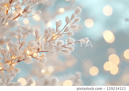 Snow covered branches with warm glowing lights in a serene winter wonderland, AI Generative Snow covered branches with warm glowing lights in a serene winter wonderland, AI Generative 129214121