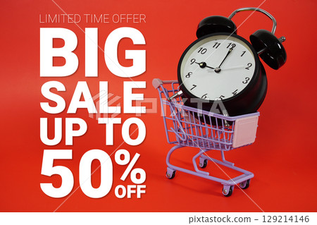 Big Sale 50% off Promotion and Marketing with trolley shopping cart and alarm clock 129214146
