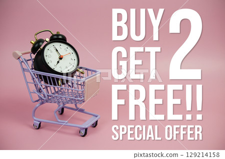 Buy 2 Get 2 Free!! Promotion and Marketing with trolley shopping cart and alarm clock on pink background Buy 2 Get 2 Free!! Promotion and Marketing with trolley shopping cart and alarm clock on pink background 129214158