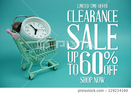 Clearance Sale 60% Promotion and Marketing with trolley shopping cart and alarm clock on blue background Clearance Sale 60% Promotion and Marketing with trolley shopping cart and alarm clock on blue background 129214160