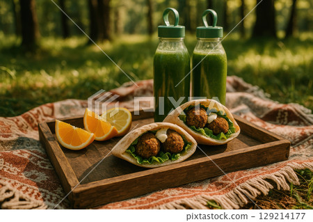 Fresh falafel pita sandwiches with lettuce, orange slices, and green smoothies served outdoors on a wooden tray during picnic, AI Generative 129214177