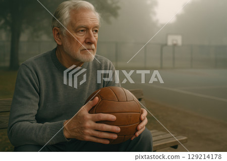 Senior man sitting alone on an outdoor basketball court at sunrise holding a ball, reflecting in a peaceful misty morning atmosphere, AI Generative 129214178