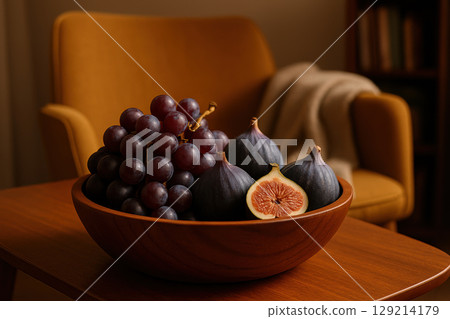Fresh black grapes and figs arranged in a wooden bowl on a modern table in a cozy living room with warm lighting, AI Generative 129214179