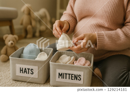 Pregnant woman sorting newborn hats and mittens in cozy nursery, organizing baby essentials with soft, pastel colors and plush toys, AI Generative 129214181