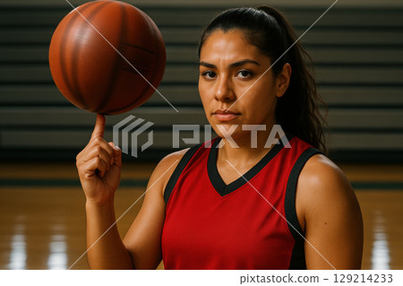 Confident female basketball athlete spinning ball on finger in gymnasium, wearing red jersey with intense focused expression, AI Generative 129214233