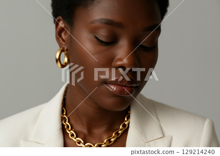 Elegant young woman in a white blazer with gold jewelry looking down, showcasing natural beauty and contemporary fashion, AI Generative 129214240