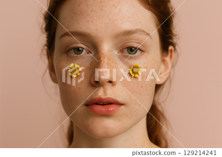 Closeup portrait of young red haired woman with freckles and small yellow flowers under eyes against a soft pastel background, AI Generative 129214241