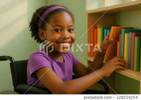Smiling young girl in a wheelchair selecting colorful books from a wooden shelf in a sunlit room, promoting education and inclusion, AI Generative Smiling young girl in a wheelchair selecting colorful books from a wooden shelf in a sunlit room, promoting education and inclusion, AI Generative 129214254
