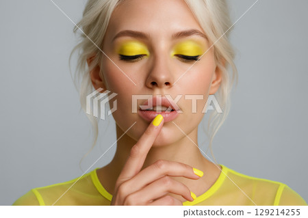 Blonde woman with vivid yellow eyeshadow and nail polish touching lips, eyes closed, minimalist makeup and fashion portrait, AI Generative Blonde woman with vivid yellow eyeshadow and nail polish touching lips, eyes closed, minimalist makeup and fashion portrait, AI Generative 129214255