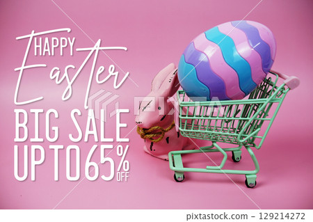 Easter Sale 65% promotion with Easter Egg and rabbits decorations concept on pink background 129214272