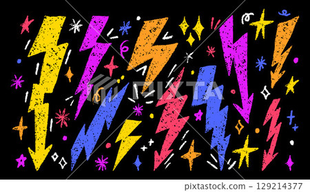 Colorful Lightning Bolts and Stars on Dark Background 129214377