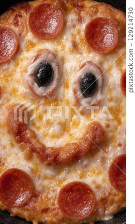 Fun Face Pizza Slice with Pepperoni and Olives for a Happy Meal. Fun Face Pizza Slice with Pepperoni and Olives for a Happy Meal. 129214730