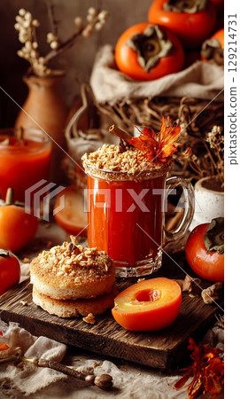 Cozy Autumn Warmth Persimmon Drink and Pastry Still Life. Cozy Autumn Warmth Persimmon Drink and Pastry Still Life. 129214731
