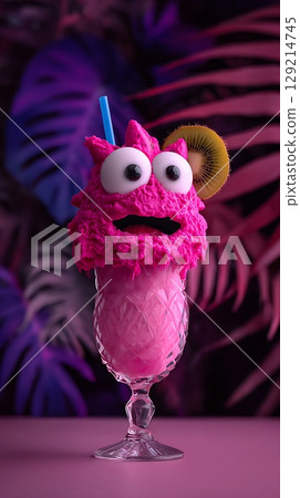 Playful Monster Smoothie with Kiwi and Tropical Leaves. 129214745