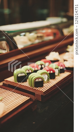 Adorable Sushi Rolls with Cute Faces for a Fun Meal. 129214751