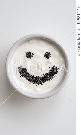 Happy Face Yogurt Bowl With Chia Seeds for a Delicious Morning Treat. 129214752