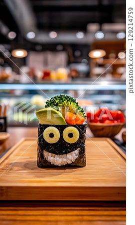 Playful Sushi Monster Face Made from Healthy Ingredients. 129214759