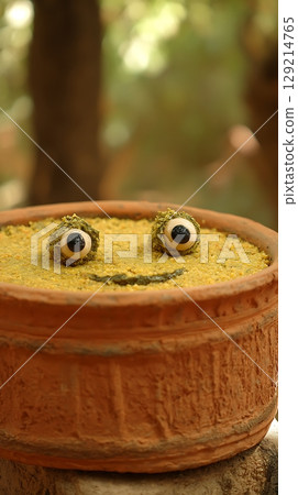 Quirky clay pot creation with edible eyes smiles and outdoors. 129214765