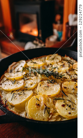 Hearty Potato Gratin with Rosemary by a Cozy Fire. Hearty Potato Gratin with Rosemary by a Cozy Fire. 129214779